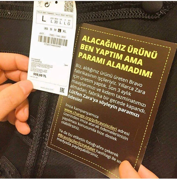 Unpaid Zara, Mango and Next manufacturers leave hidden protest messages in clothes. Photo source: It'sNiceThat