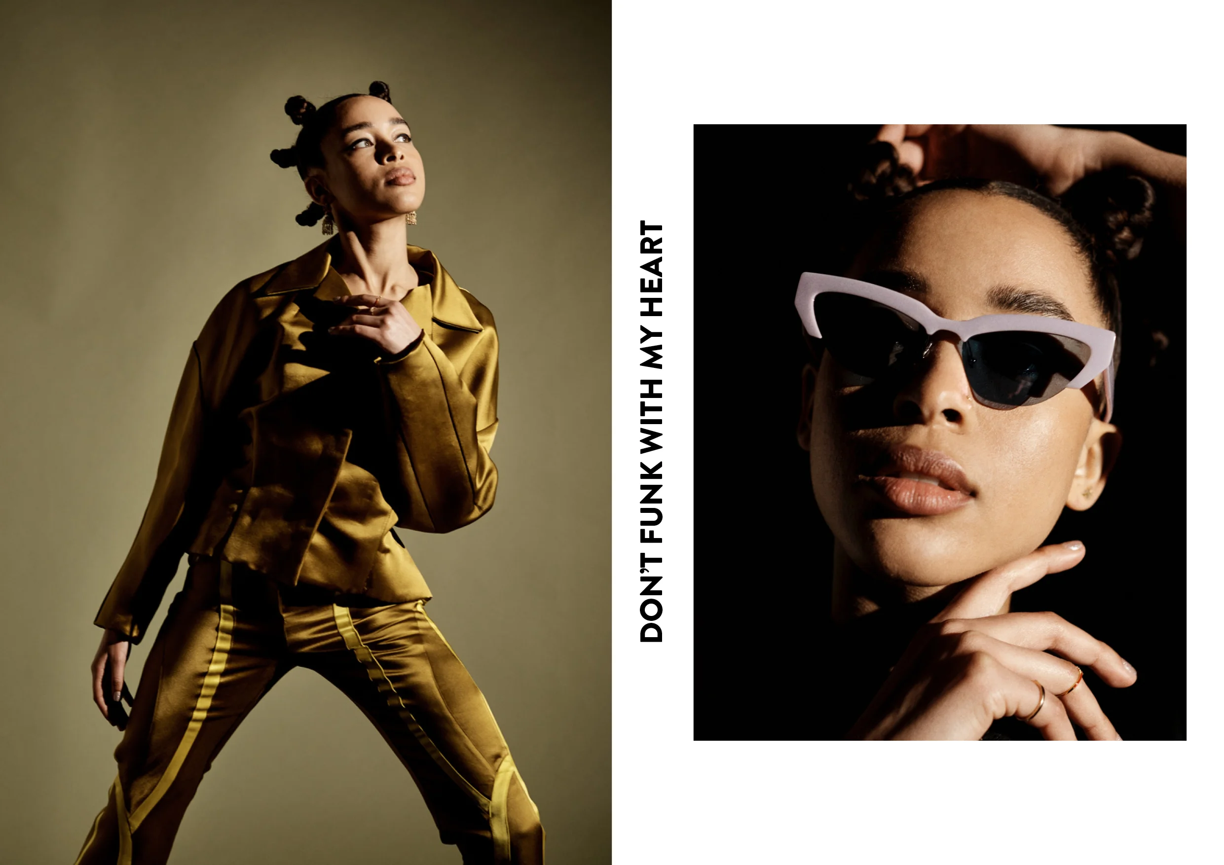 Left: Full Look by Richard Malone , Earrings Grace’s own . Right: Sunglasses by Miu Miu and Rings by CF Concept and Eshvi .