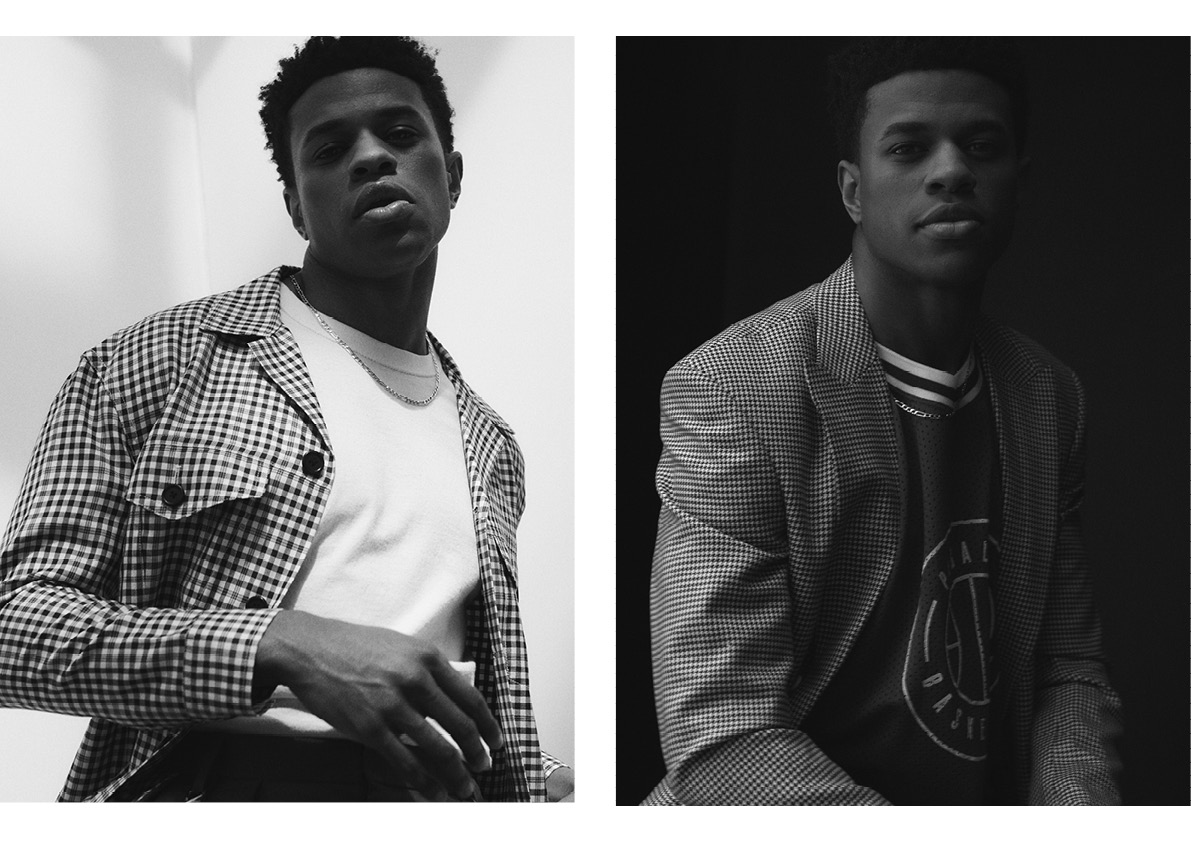 Left: Trousers and Jacket by Calvin Luo , Jewellery stylist’s own. Right: Tank Top by Pigalle and Jacket by Calvin Luo .