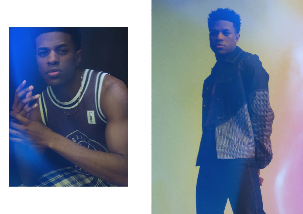 Left: Trousers by No Sense . Right: Full Look by Calvin Luo .
