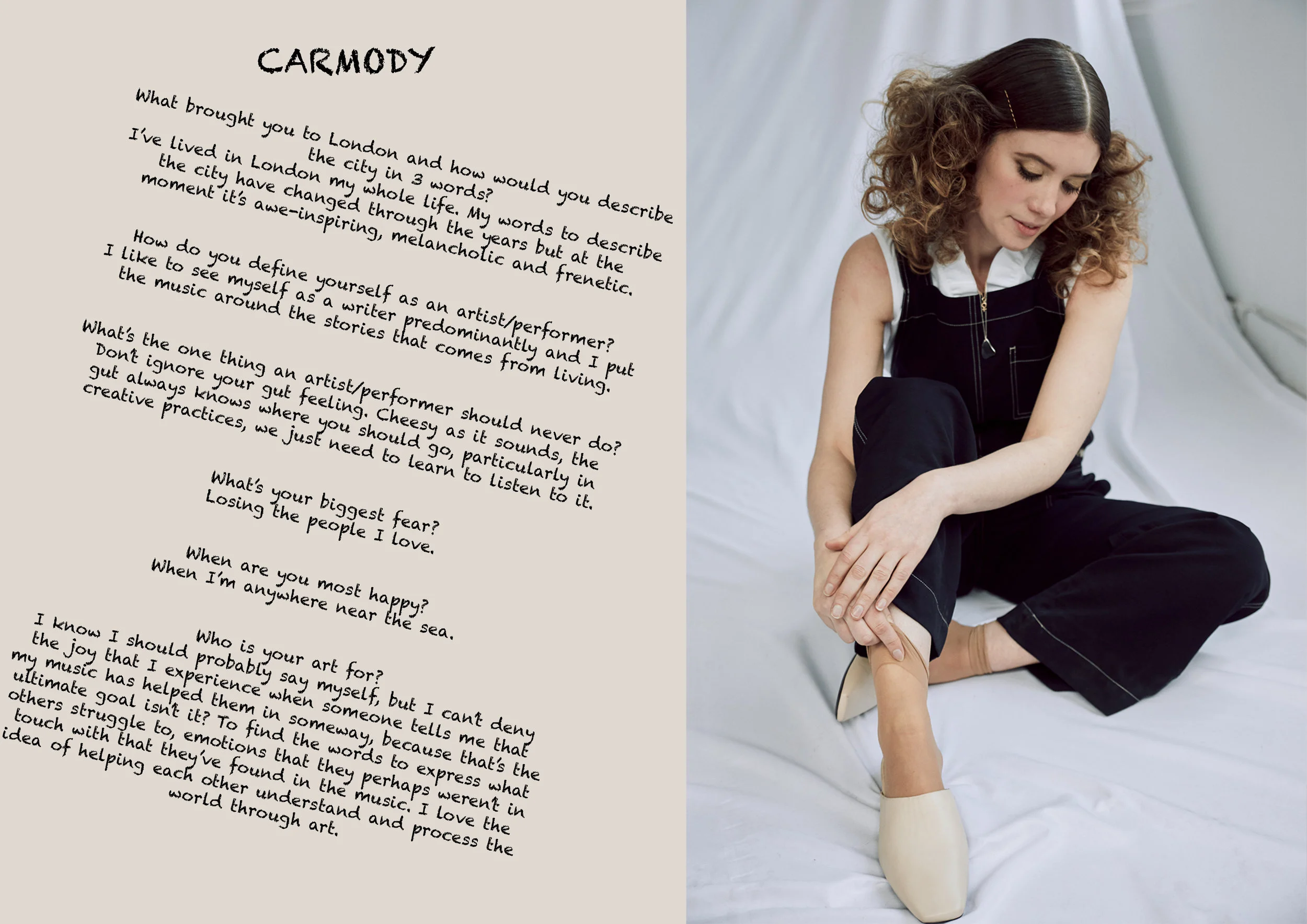 Carmody wears overalls by Wood Wood , Shirt by Brookes Brothers and Necklace by Bar Jewellery and Shoes by Vagabond .