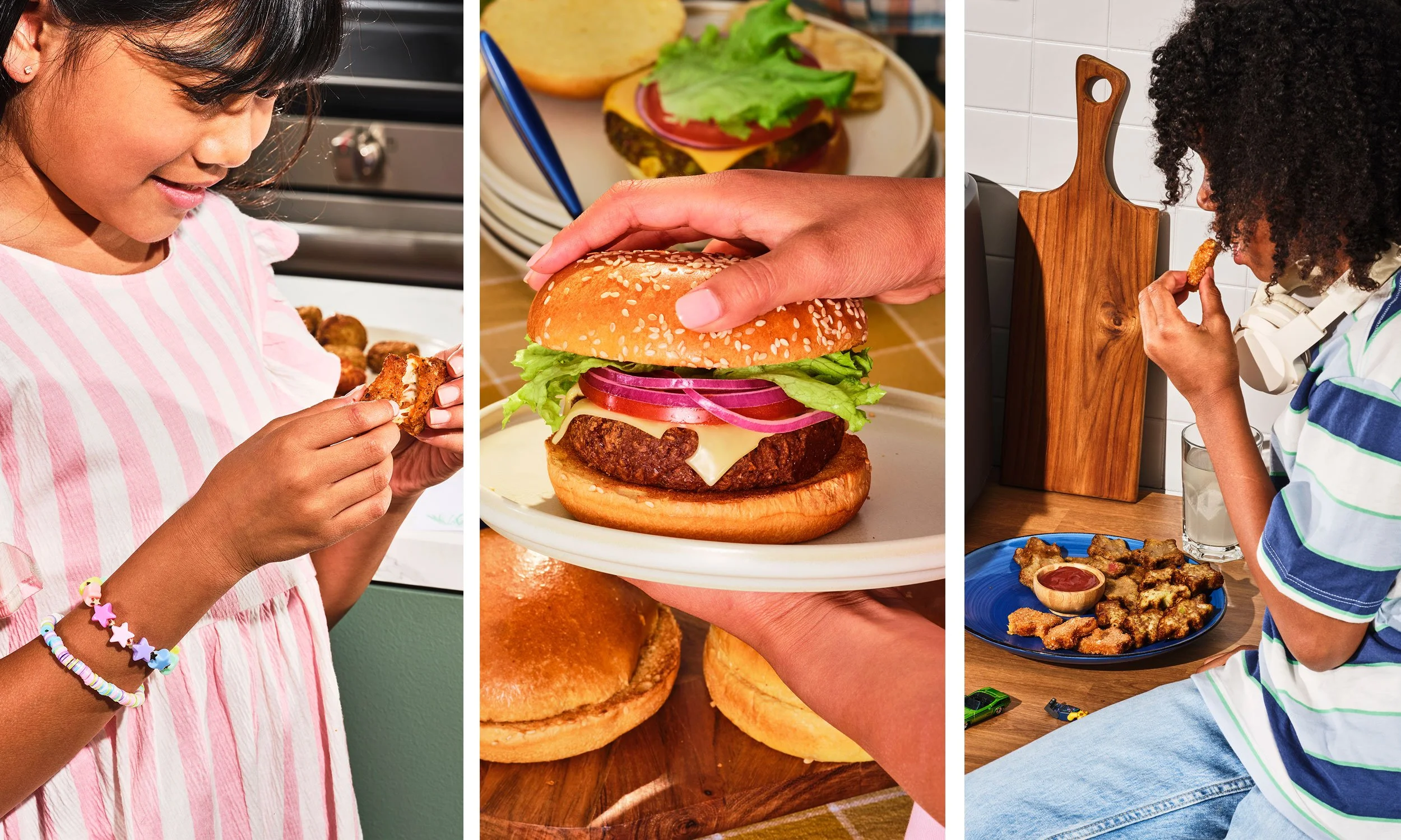 Images of a girl holding a Mac & Cheese Star, burger on a plate and boy eating Littles