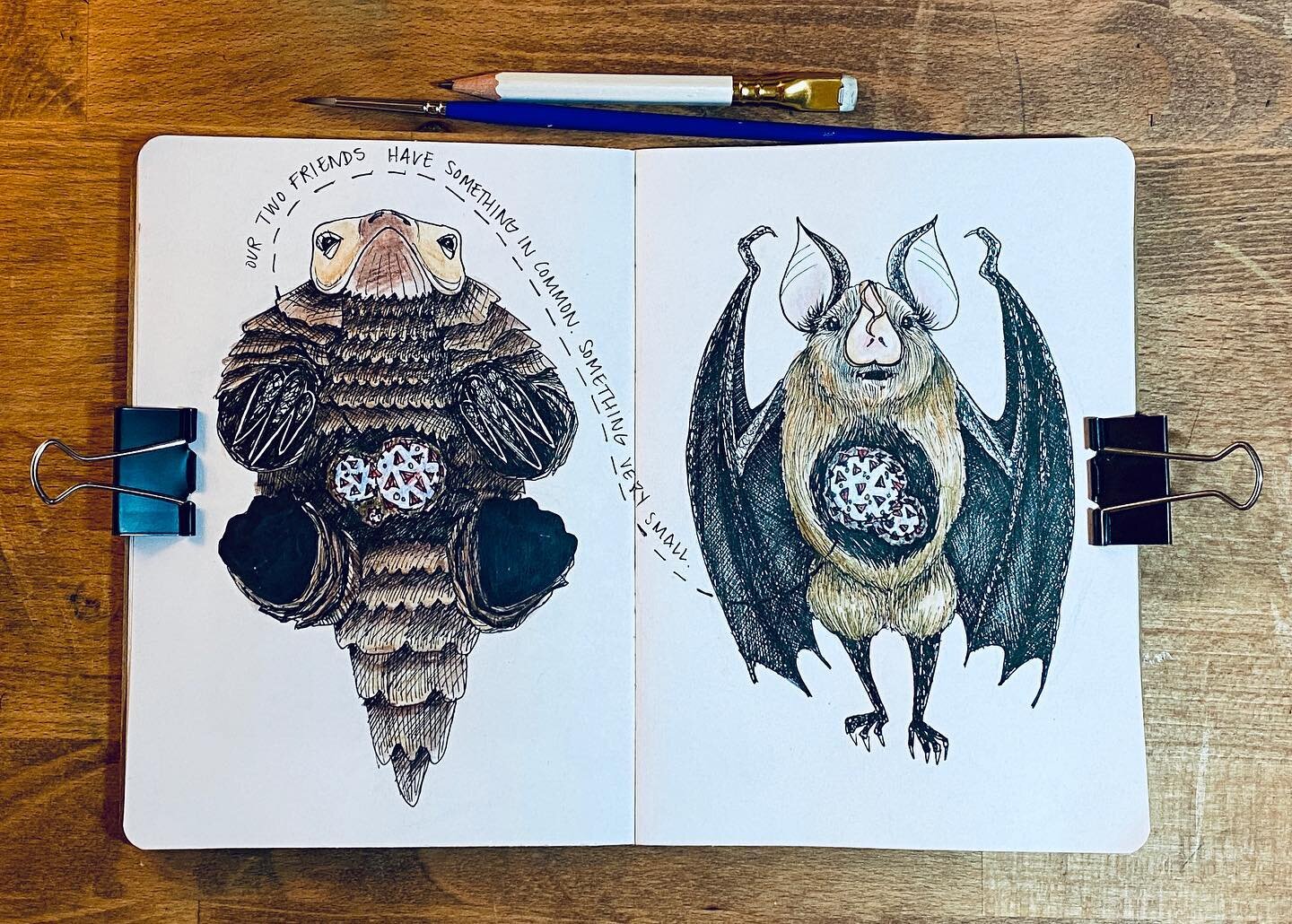 Something tiny in common. #covid19 #covidstory #selfisolationillustration #pangolin #horseshoebat #illustration #sketchbookproject #covidart #covidillustration