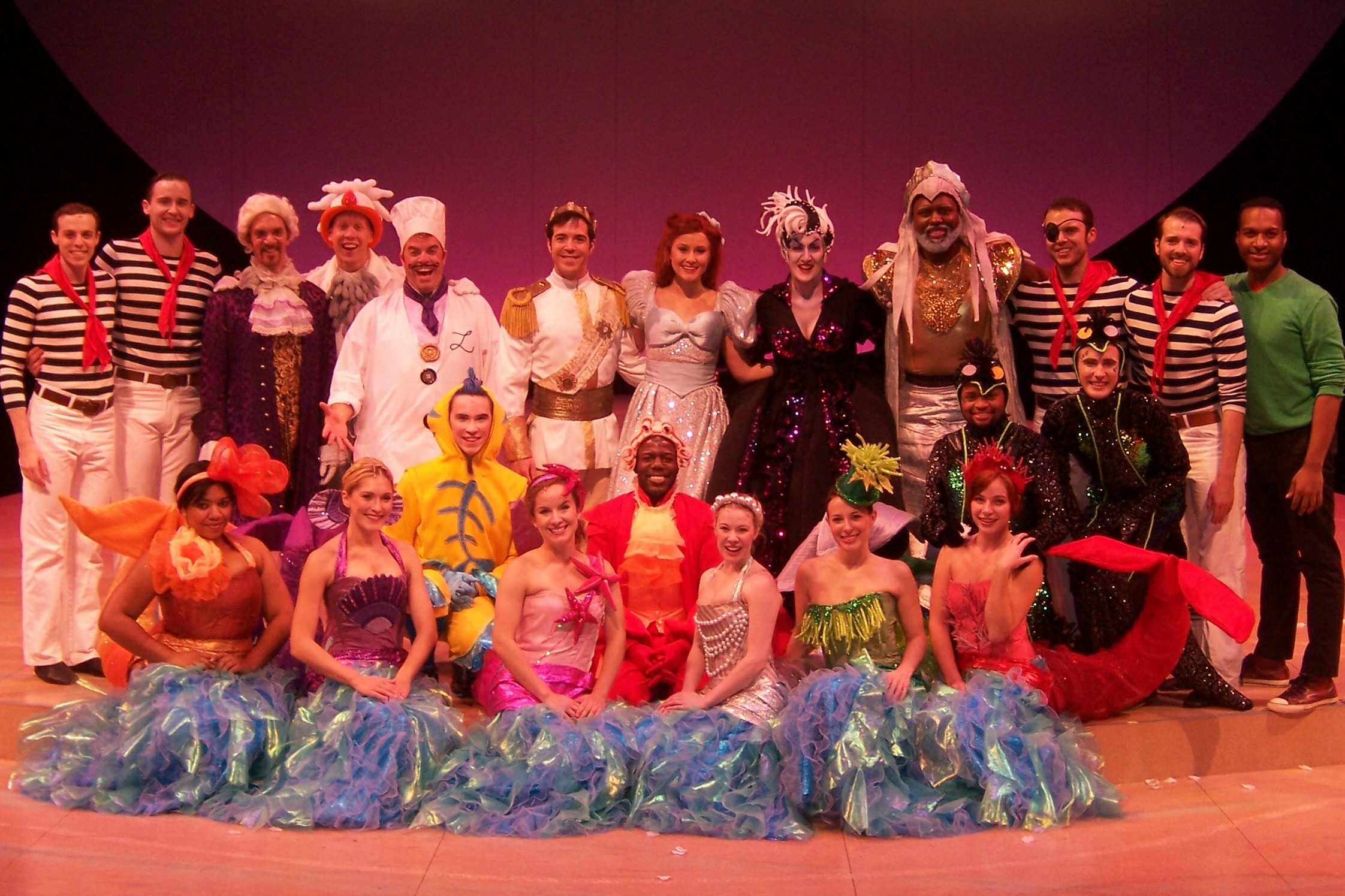 The Cast of The Little Mermaid at Olney Theatre Center. Directed by Mark Waldrop, Costumes by Pei Lee, Scenic Design by James Fouchard.