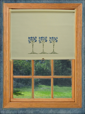 Most shades are mounted within the window frame like this Classic Cotton - Ecru shade with our Blue Tree stencil. This style of mounting is called inside mount. This custom roller shade is a back roll that provides a close seal to the window.