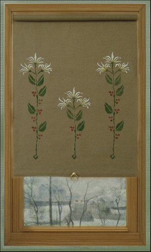 This is the Coffee Flower stencil on Naturals-Raw Linen. It is unusual to apply many stencils on a shade but our client plans to have this shade down most of the time, demonstrating how roller shades back in the 19th century were used to completely shade a room while providing a touch of whimsical design.