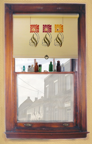 The Classic Cotton - Ecru roller shade has the Large Aster stencil in red, dark red and antique gold with loden and blue. This classic old fashioned roller shade is a back roll with a pewter pull.