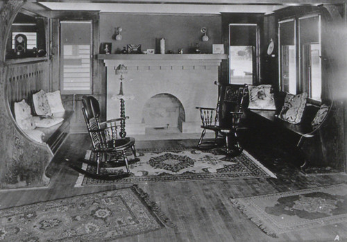 Above, a rare vintage Arts & Crafts interior with roller shades and no curtains.