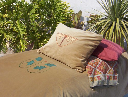 Ginkgo Medallion & Dragonfly are chosen appliques for the matching fabric selected for the bedspread and pillow sham.