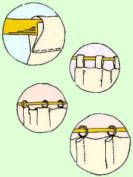 From top - 1) rod pocket, 2) tabs, 3) rings, 4) pleats.