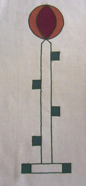 Berkeley: an abstract vertical motif shown in forest, wine and rust. Motif is 20 inches long, $40 per motif.