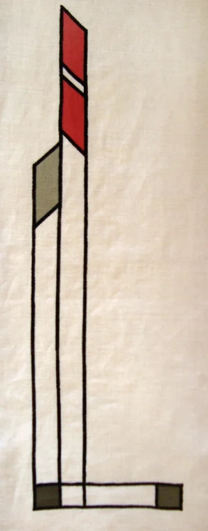 Chicago: A strong vertical design inspired by the stylized geometric motifs of the late Prairie School. Choose any color scheme. Slanted rectangles are 2" high x 1 1/2" wide, length of horizontal and vertical lines customized proportional to curtain…