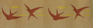 Swallow Border: Makes a delicate border across the top of a curtain, Shown here in rust & gold. A two swallow repeat measures 18 3/4" wide by 6 1/2” high, $40 per repeat.