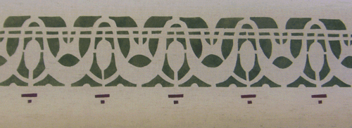 Purcell Border shown here in dark red and dark green.. One repeat is 3" wide x 3 3/4" high. $45.00 per repeat