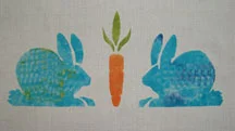 Hungry Bunnies from our childhood collection, here is imaginary stippled blue with a nice orange carrot. $40.00
