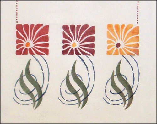 Large Aster: A large stencil for a cushion, bedspread, portiere or larger curtain panel. Tiny squares are optional. The square flowers are 4 inches square. $45.00 per repeat.