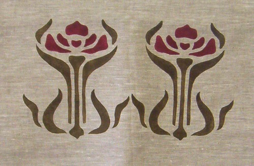 Large Iris : Since this stencil is 8" high, we usually use it as a double medallion, but it could also be a border on a large shade or curtain. It's in loden and dark red here, but as an iris could be any color! $40.00 per motif