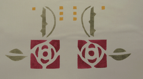 Macintosh Rose: Shown here as a medallion in dark red, sage & gold. Use it as shown or with a rose in each corner. Rose is 2" square. Now available as a template. $40.00 per motif