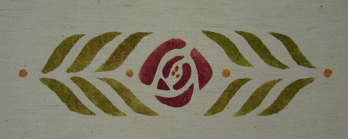 Small Rose Stencil : A horizontal medallion or border adapted from our small runner design, shown here in wine, antique gold and loden on natural handky linen, 2 1/2" high x 9" wide. $40.00 per motif