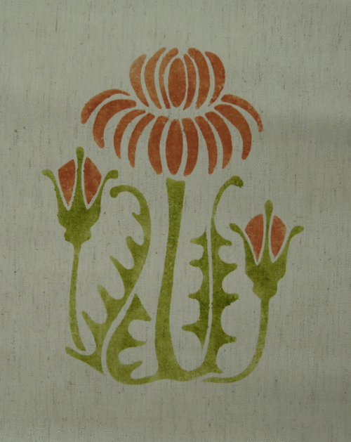 Thistle Medallion (A): 7 3/4 inches high x 5 1/4" wide in colors of terra cotta & bright green. Available in stock in guest towels and available as template. $45.00 per motif