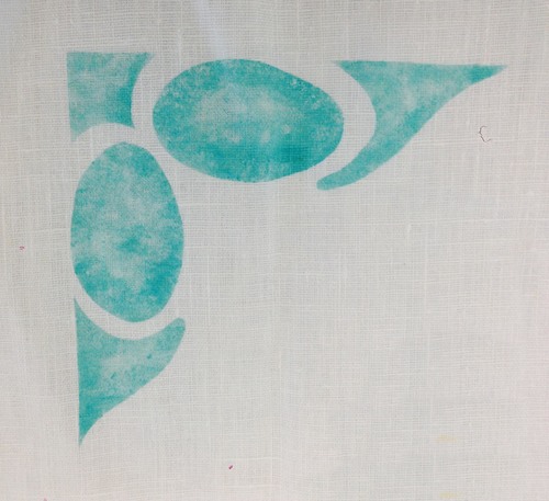 Venice Corner: A ctually used originally with the Venice Rose on outdoor chairs, in custom aqua. $40.00 per motif