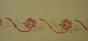 Pine Cone Two: Our second version of this popular motif, shown here in rust and laden. $40.00 per repeat.