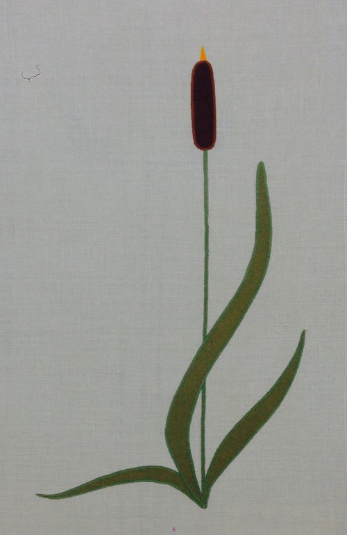 Cat Tail : A corner design that can face either way as you wish (mirrored), here in loden, brown & bright green, 19" high although the stem length can be adjusted. $35.00