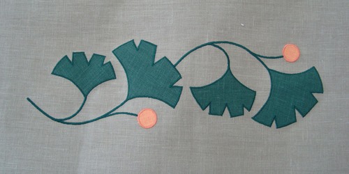 Gingko Border: the charming geometric shape of the ginkgo leaf has always been a popular Arts & Crafts motif. Combine with the Corner Motif for an elegant finish at the leading edge of your curtains. Shown here in forest and tangerine, 7" wide (per repeat) x 4 1/2" high per motif, $40.00 per repeat of four 