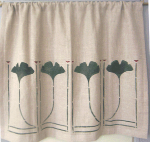 The Ginkgo Border, Large : 16 1/2" wide x 14" high per repeat, makes a small curtain in to an important decorative element. Shown here in forest & antique gold . $45.00 per repeat. 