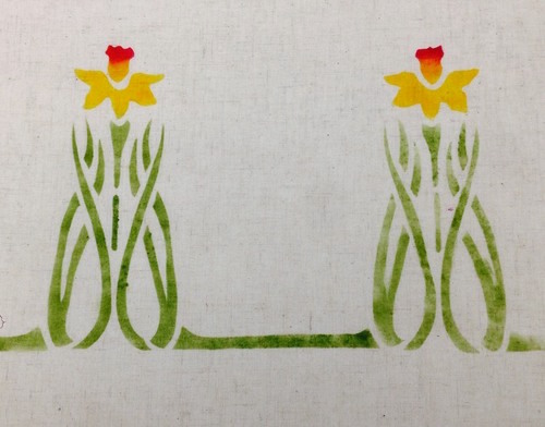 Daffodil Border : A large border or single motif, here in gold, red and a custom bright green. $45.00 per motif