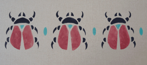 Scarab Border, the sacred Egyptian insect, so popular in the period and shown here in terra cotta, aqua & black. One repeat is 4" high x 5" wide. $45.00 per repeat. $20.00 per scarab.  