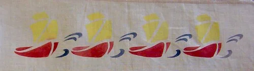 Sailboat Border (B): shown here in yellow, red & blue perhaps for a child's room but in other colors would be great in a den or study. $45.00 per repeat