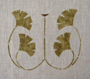 Ginkgo Medallion : an Arts & Crafts classic. 12 1/4"W x 10 1/2" H. A good option for bedding among other uses, here in loden & brown on oatmeal linen. Available as a template. $40.00 per motif.