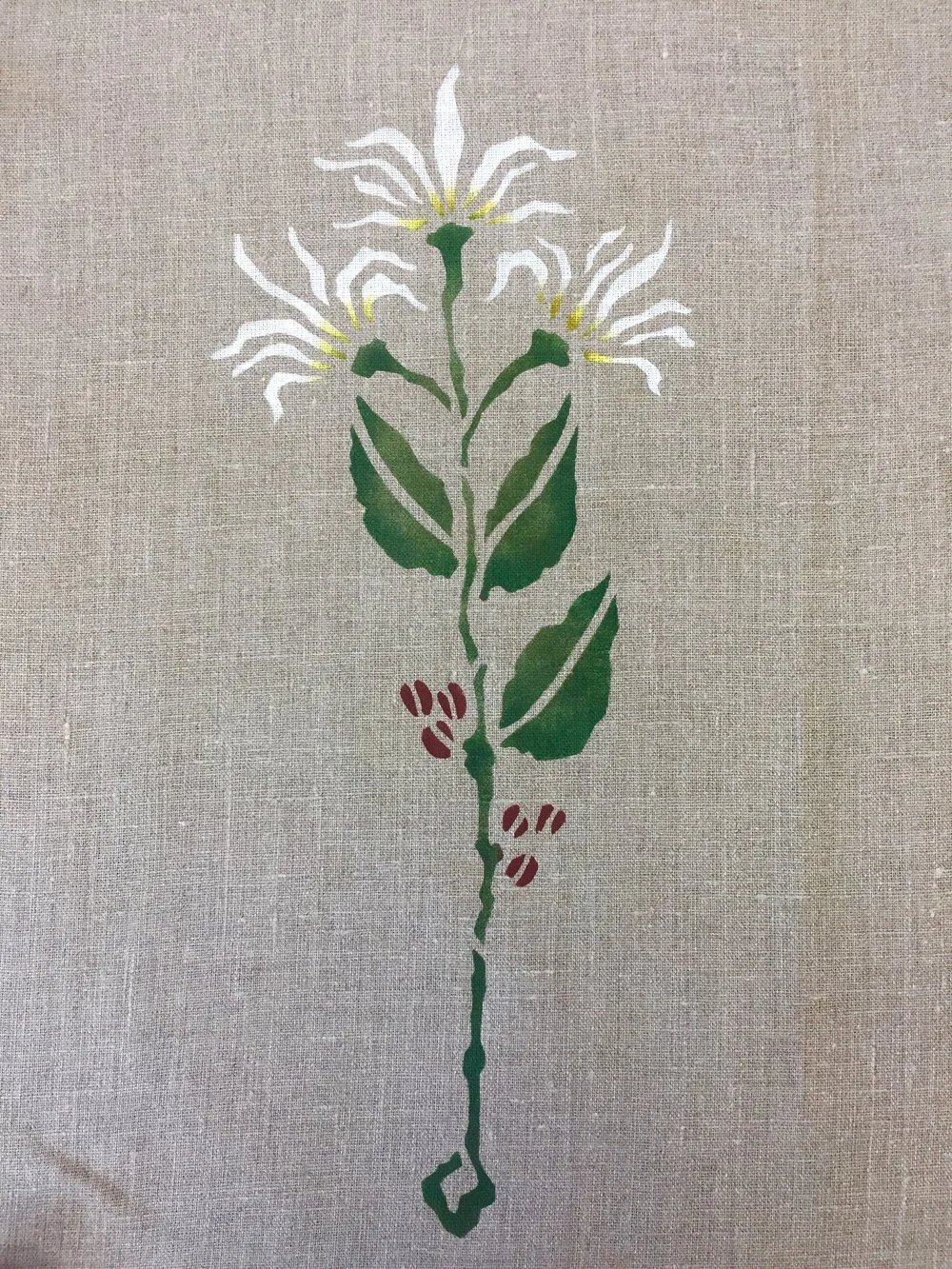 Coffee Flower Stencil: Shown in cream, forest and dark read an gold. About 15" high. $45.00 motif