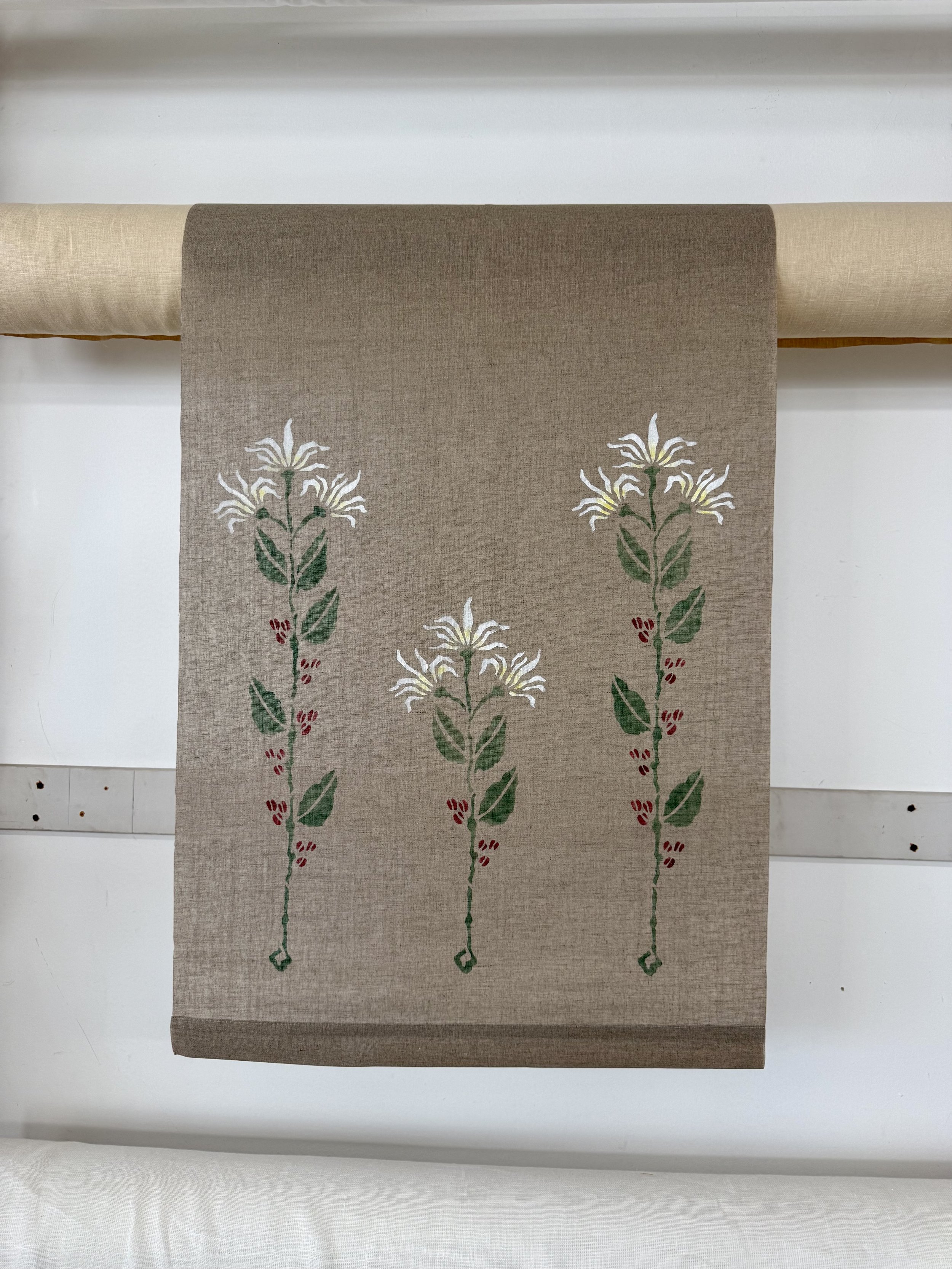 Raw Linen Roller Shade with 3 Coffe Bean Flowers.jpeg
