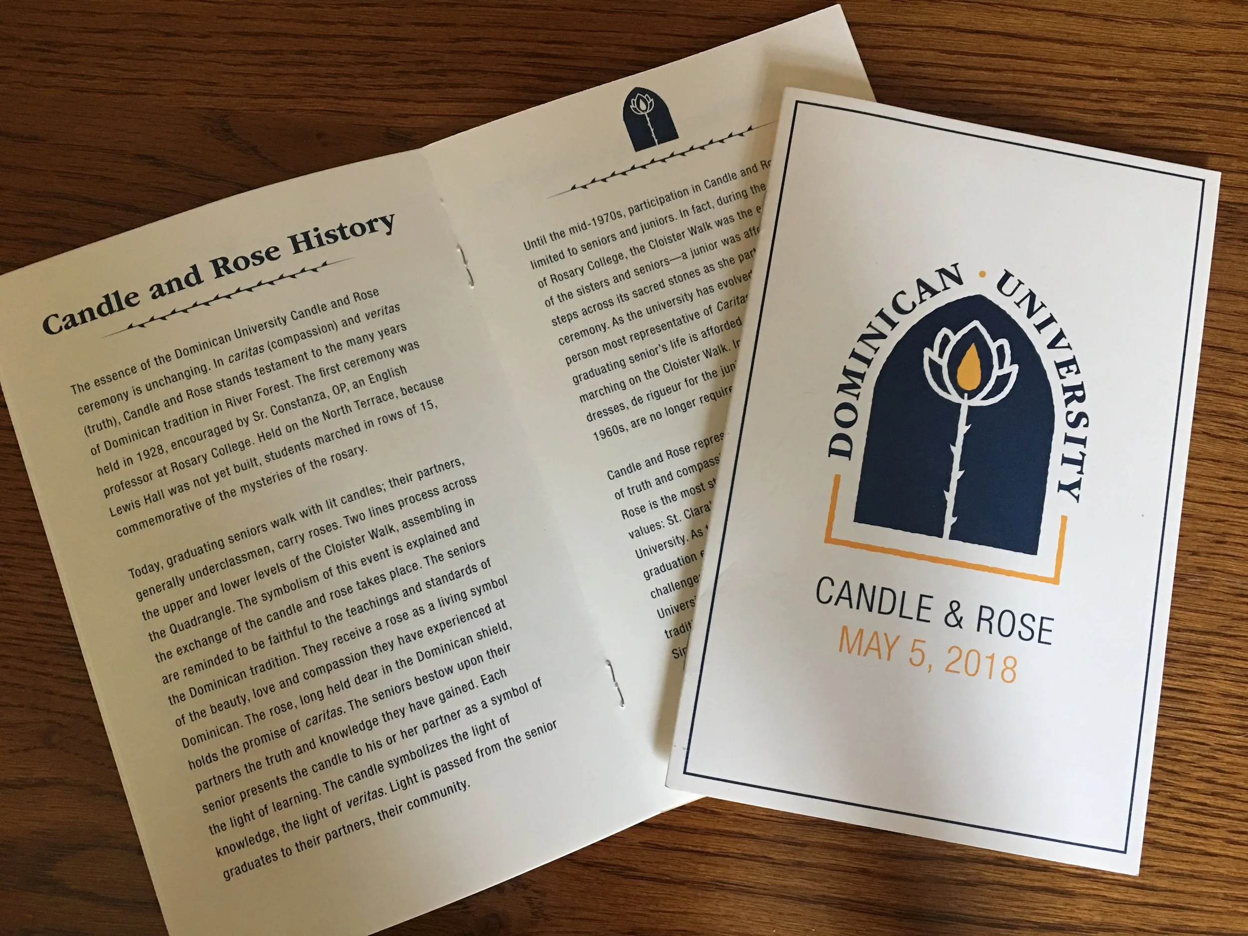 Candle & Rose logo + program design for University's oldest tradition acknowledging graduating seniors. Artwork displays a flame within a flower under an arch based on the school's iconic arcitecture. 