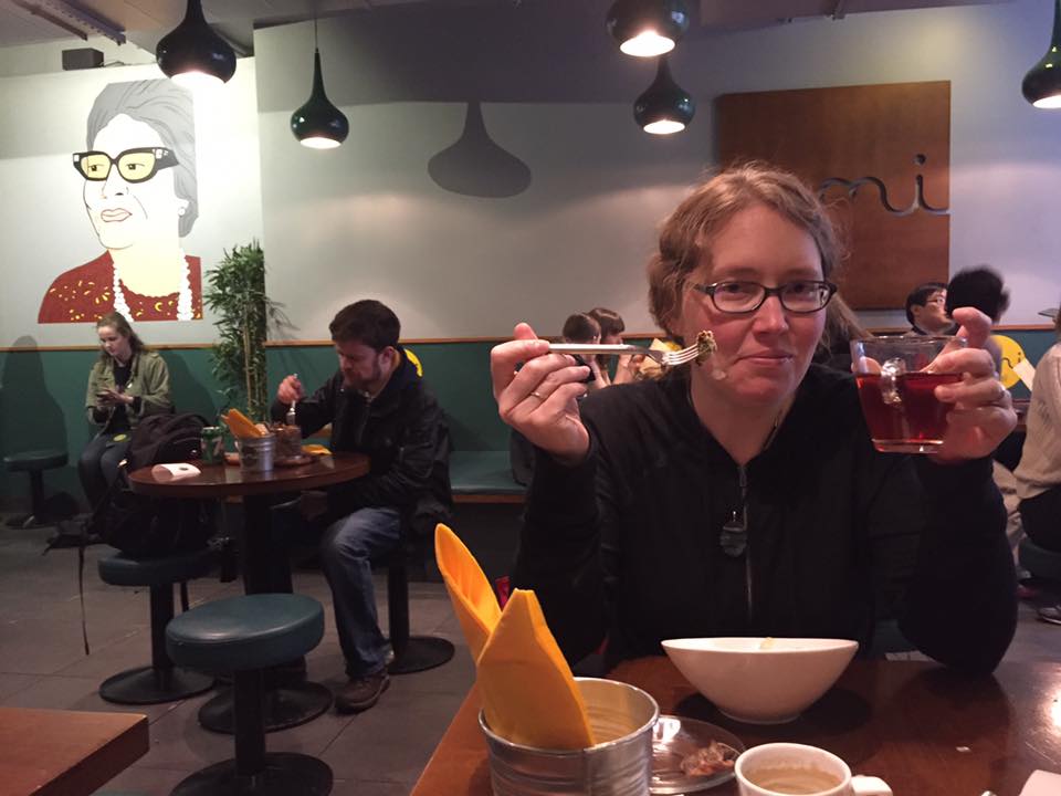 Julie Gard, prose poet does jet lag tea and falafel.