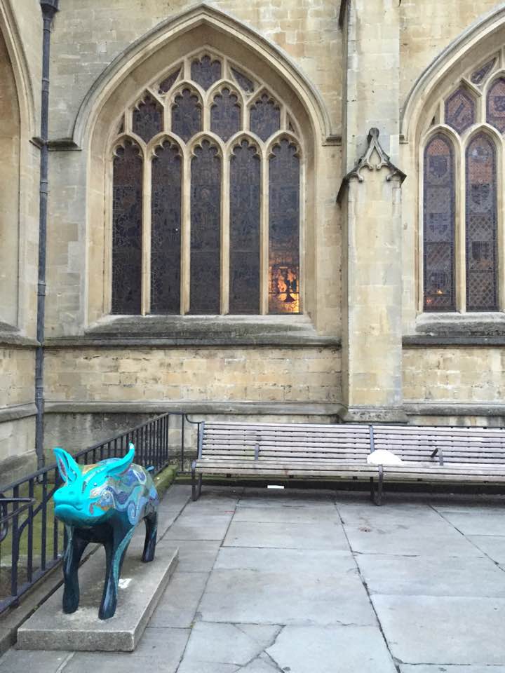 Blue mosaic pig with window
