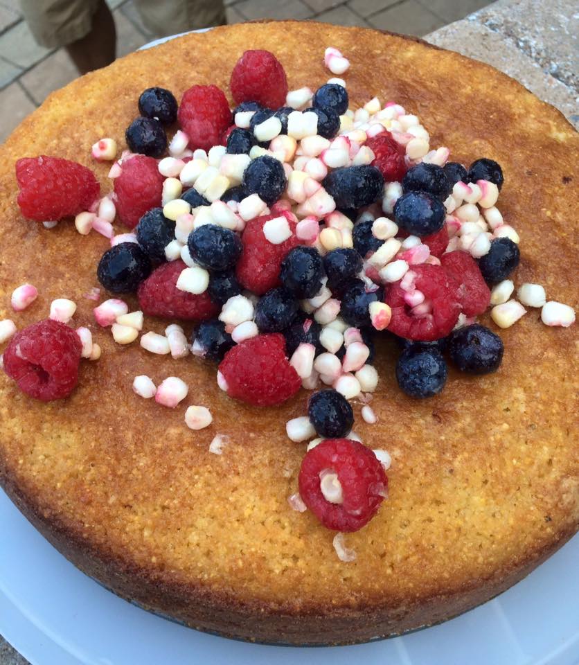  a highlight from the farm party...&nbsp; a beautiful sweet corn cake with raspberries and blueberries.&nbsp; Thanks for sharing!&nbsp; 