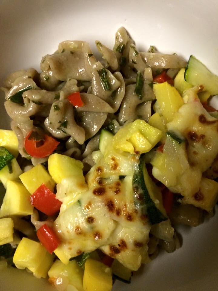  Dinner of the week award goes to herbed pasta with a bunch of sauteed summer squash, peppers, and onions with cheese curds on top and melted in the broiler.&nbsp; 