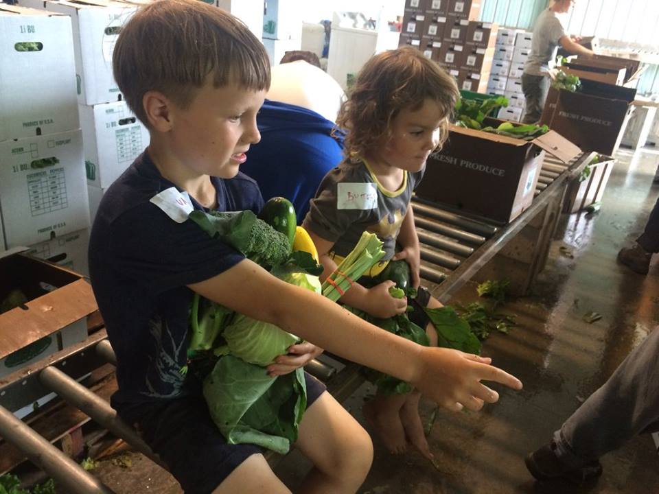  Sadie and Otto riding on the pack line pretending to be CSA boxes. They gathered these veggies and brought them inside so they could have their own veggies to prepare.   