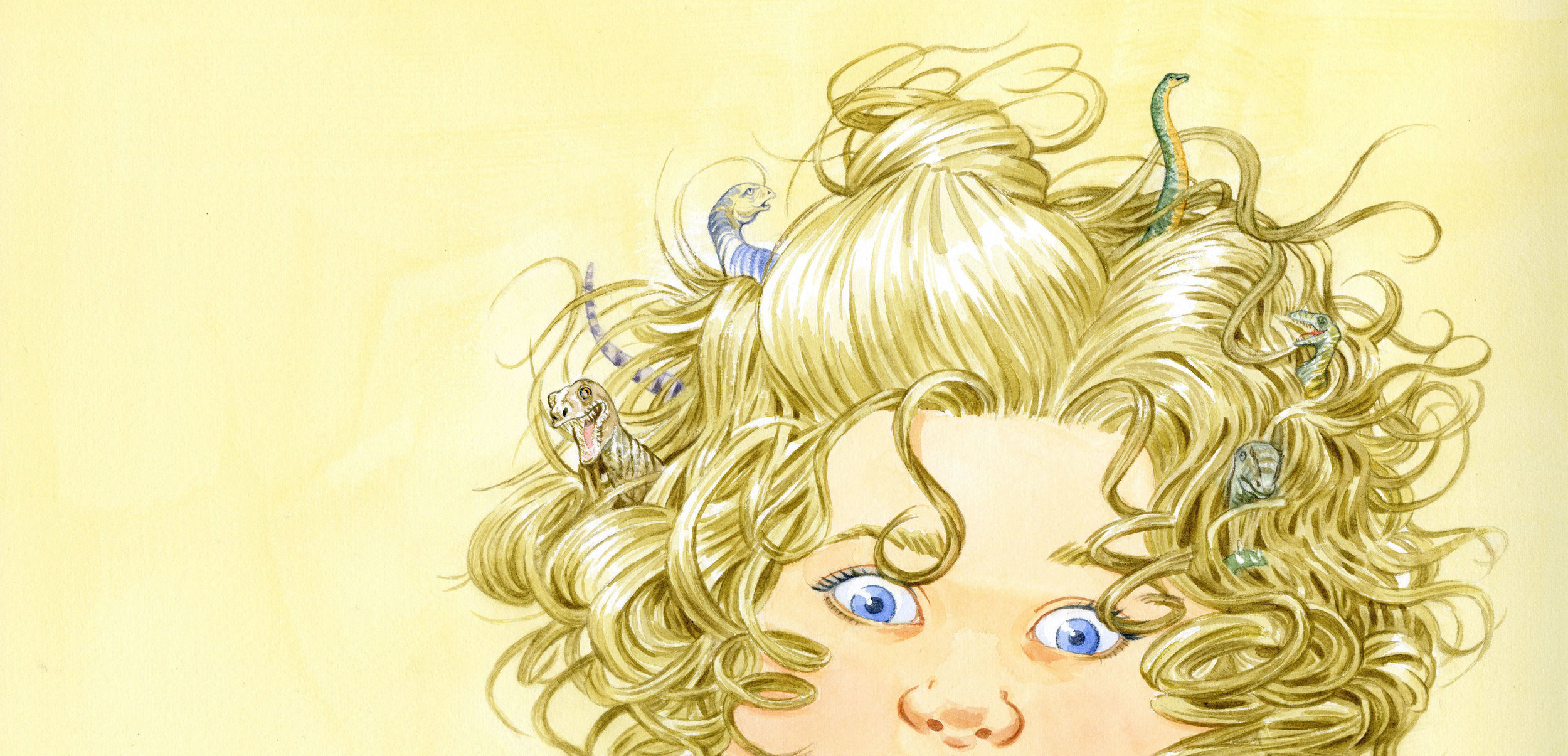 Illustration by Anni Matsick from the children's picture book Dinosaurs Living in My Hair! In the book by Jayne M. Rose-Vallee, 6-year-old Sabrina’s unruly curls are difficult to manage. When her mother warns that creatures could hide out there, Sabrina’s imagination takes over.