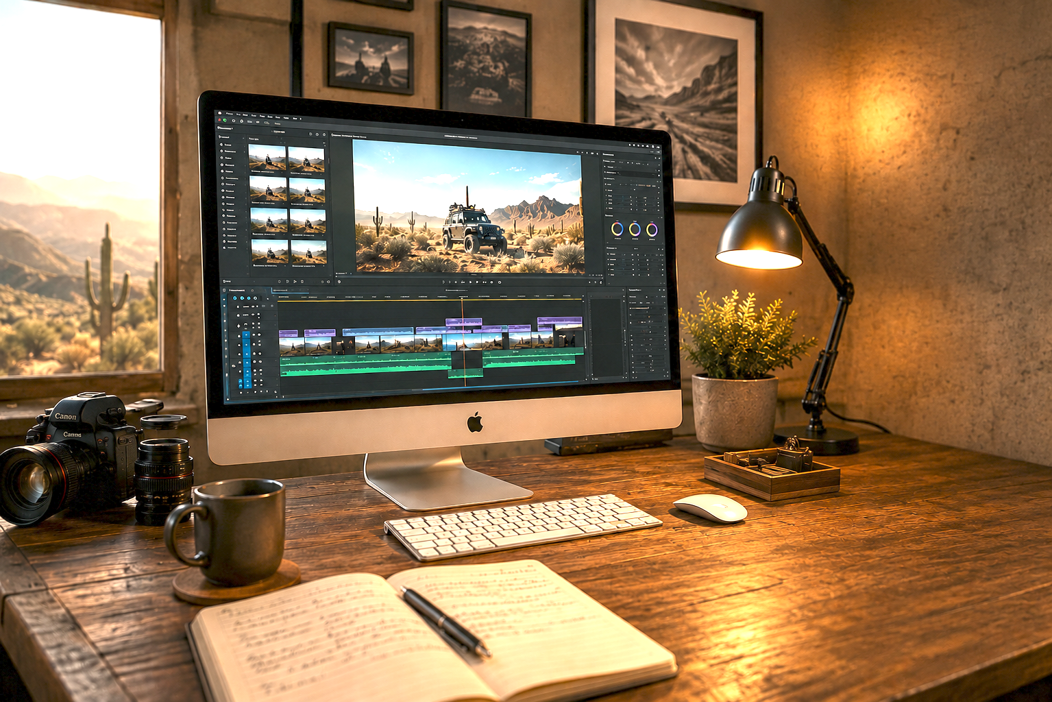 A workspace with an iMac displaying video editing software, a camera and lens, a notebook with a pen, a coffee mug, a plant, a desk lamp, and a window with a desert landscape view.