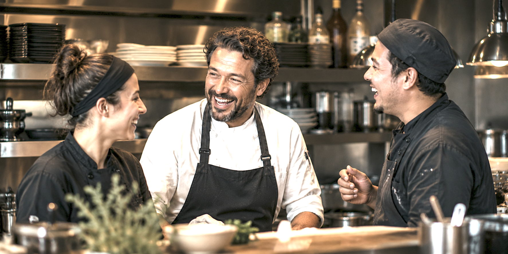Three chefs in black and white uniforms are smiling and talking in a professional kitchen.