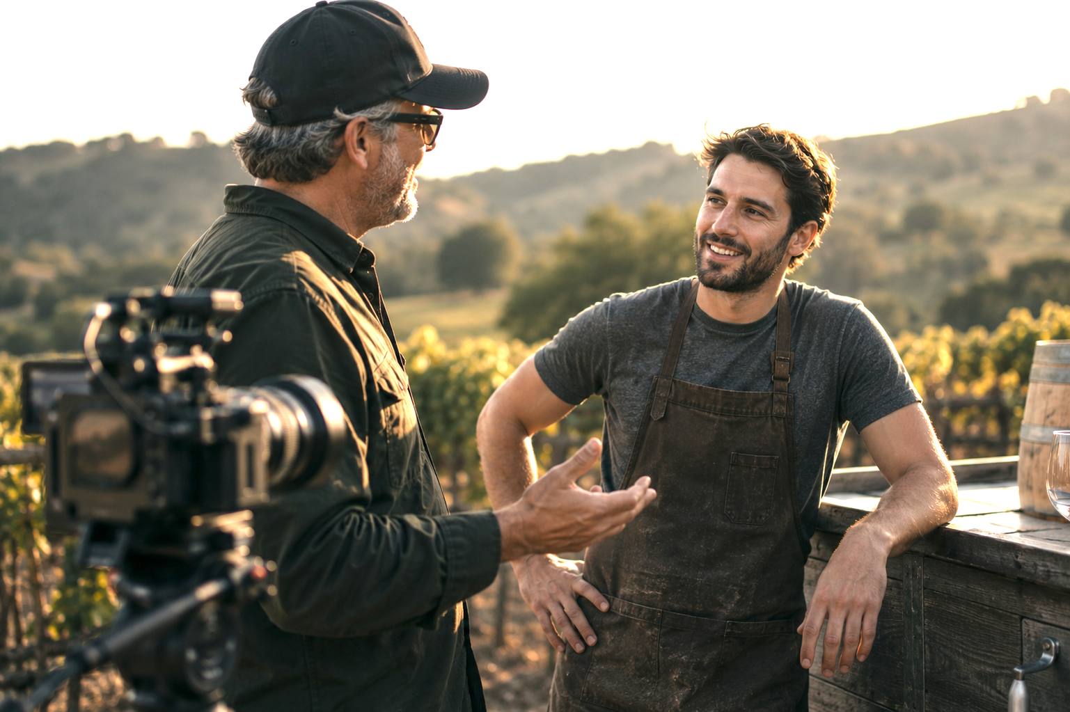 Two men having a conversation outdoors in a vineyard during sunset. The man on the left is wearing a black cap, glasses, and a black shirt. The man on the right, wearing a gray t-shirt and an apron, is smiling and leaning on a wooden table with a barrel and a glass nearby. There is a camera on a tripod in the foreground.