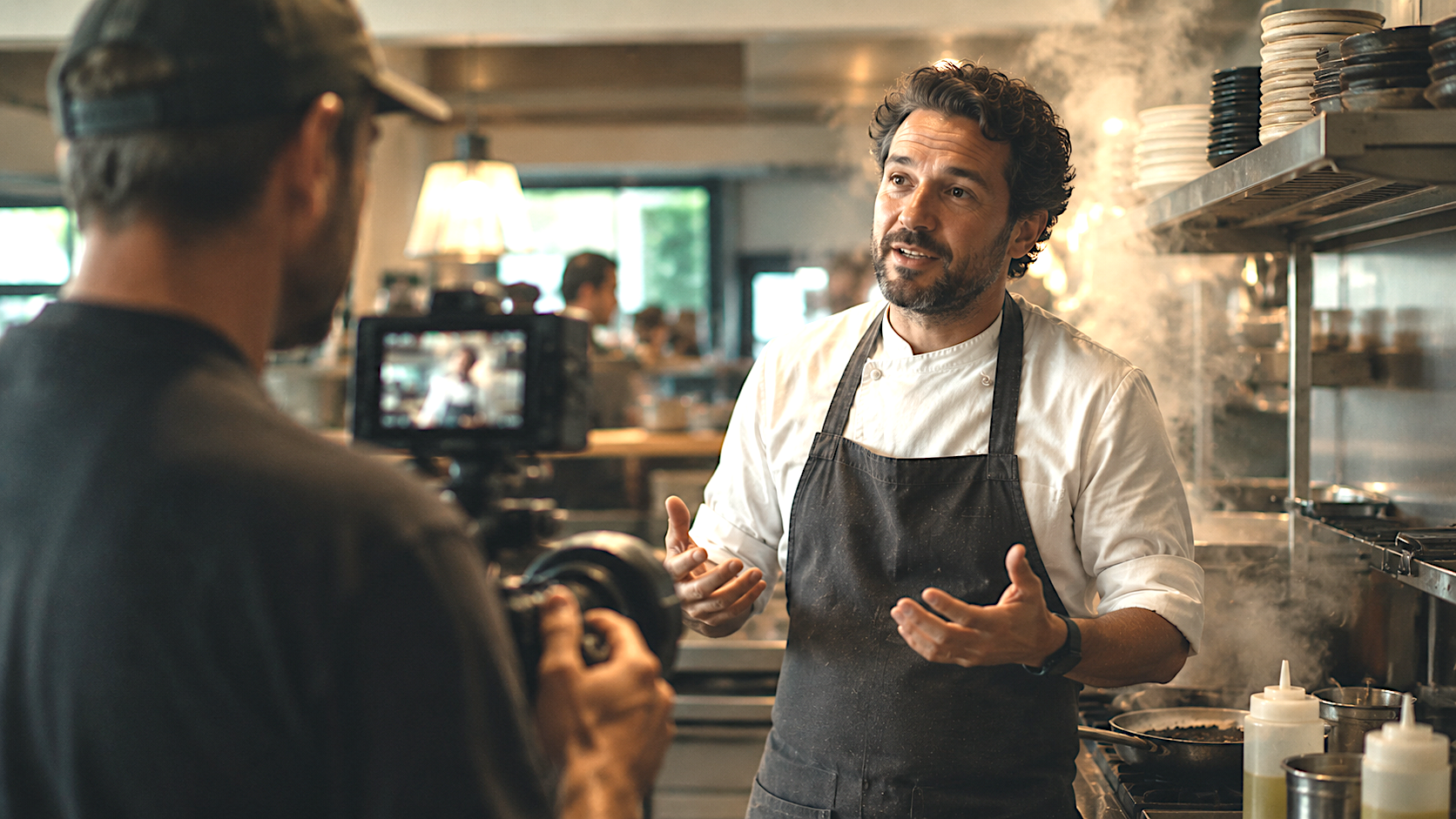 Chef in a black apron and white chef coat speaking during a cooking demonstration in a restaurant kitchen, with a person filming him and shelves with plates