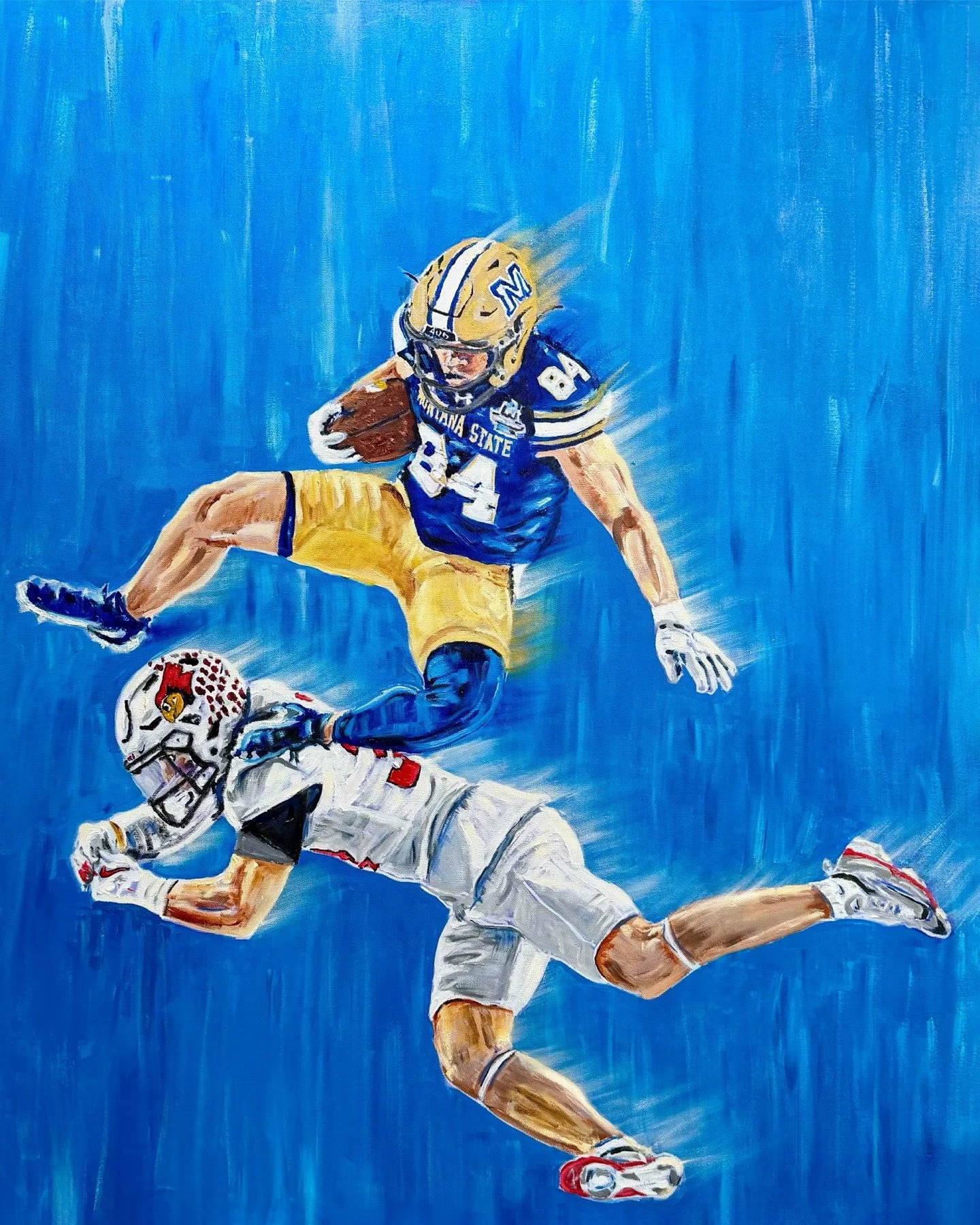@artistjmoreno captures @dane12steel's unforgettable 33-yard championship touchdown with explosive motion and bold color. This 4&rsquo;x4&rsquo; oil-on-canvas piece has been personally signed by Steele, making it a one-of-a-kind tribute to Bobcat his