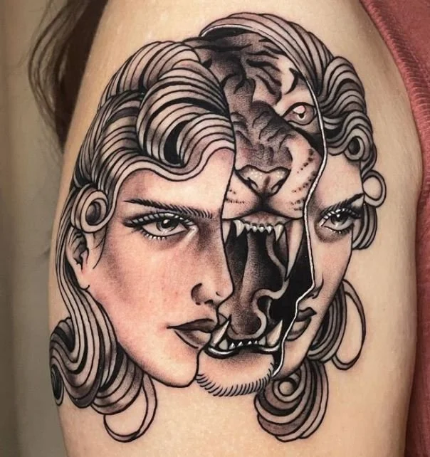 young tiger woman head black and white split.JPG