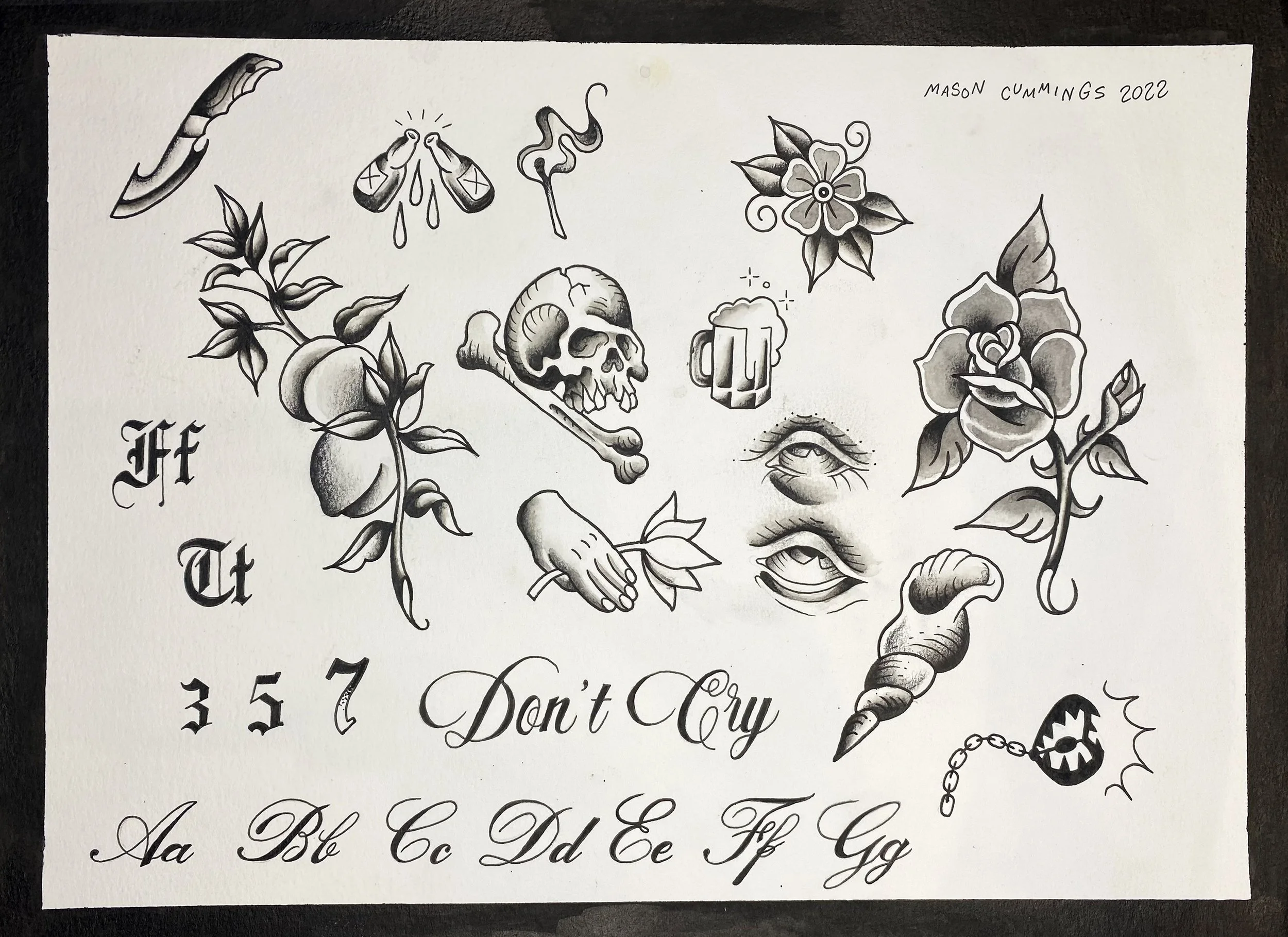 cummings knife peaches beer match skill flowers eye eyes rolled back conch shell text lettering numbers.jpg