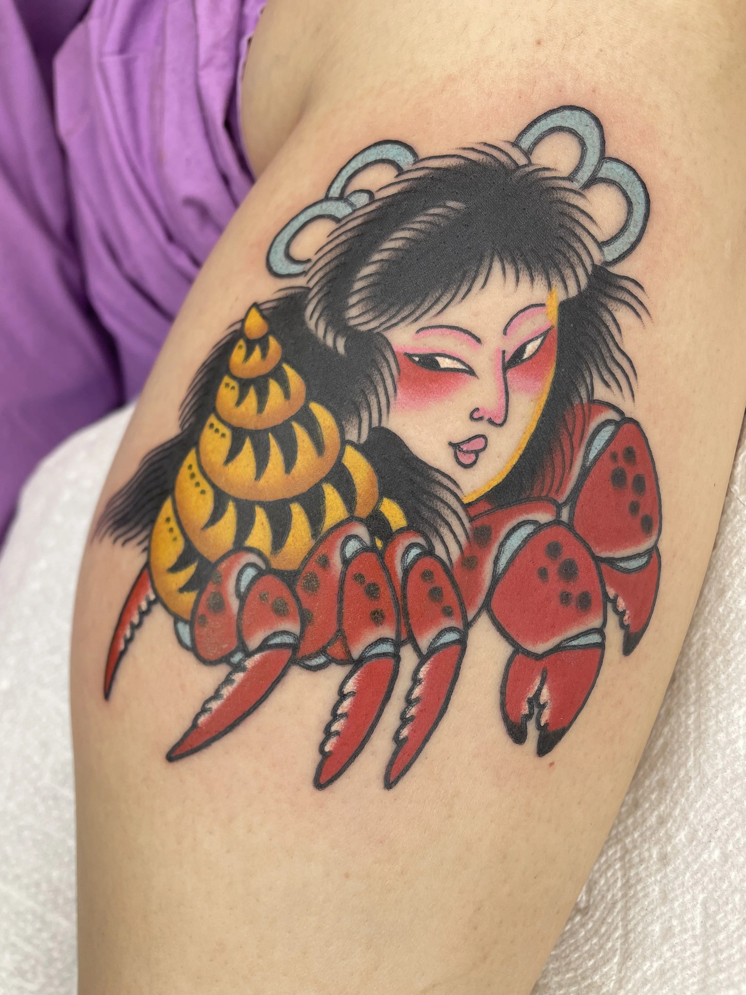 leslie_young_los_angeles_tattoo_Japanese illustrative hermit crab lady head flash color tattoo 2024.jpg